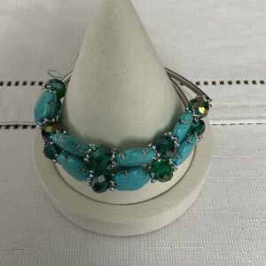 Turquoise Color and Blue Rhinestone Silver Tone Bolo Bracelet